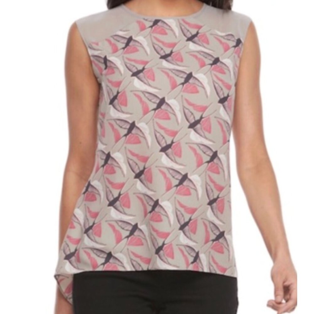 APT. 9 Taupe Pink Black Bird Animal Print Sleeveless Button Back Tank Blouse XS